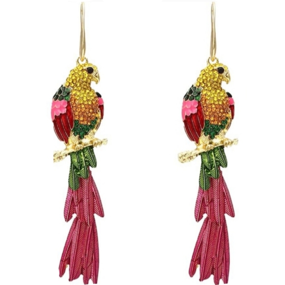 Colorful Parrot Multicolor Pave Rhinestone Bohemian Wire Earrings Statement New - Picture 1 of 5
